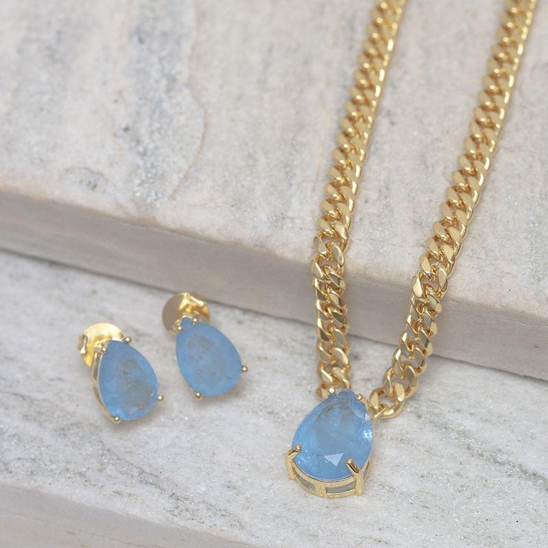 CONJUNTO CORRENTE COM PEDRA ZIRCÔNIA AZUL CLARO BANHO OURO 18K