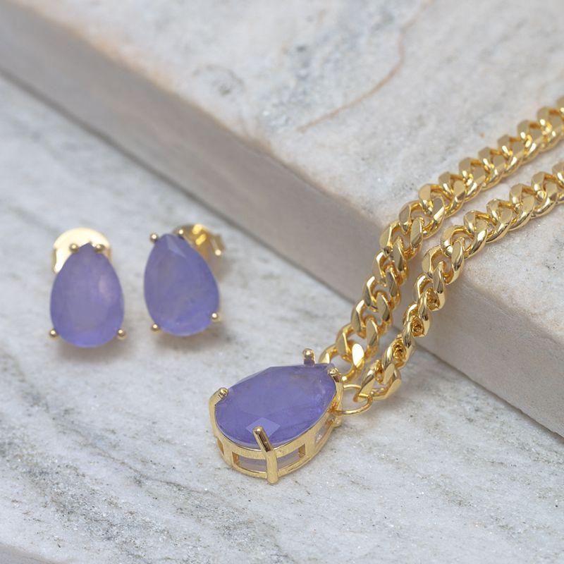 CONJUNTO CORRENTE COM PEDRA ZIRCÔNIA ROXA BANHO OURO 18K