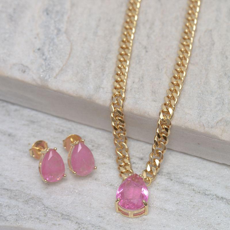 CONJUNTO CORRENTE COM ZIRCÔNIA PINK BANHO OURO 18K
