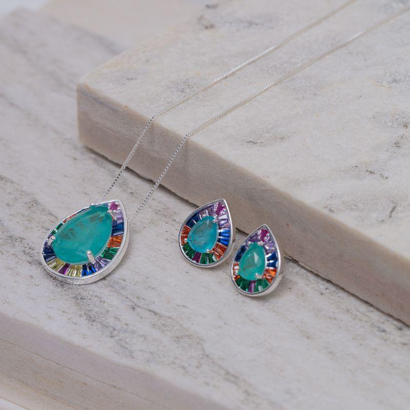 CONJUNTO COM PEDRAS COLORIDAS E GOTA VERDE BANHO PRATA