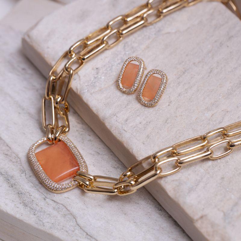 CONJUNTO ELOS COM PEDRA GOIABA GRANDE BANHO OURO 18K