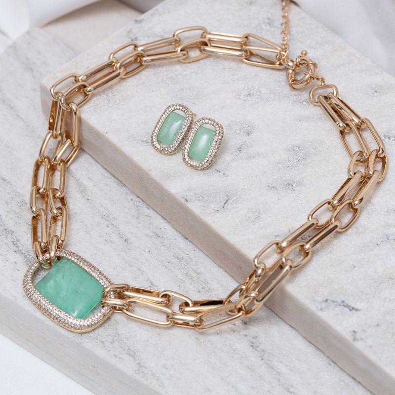 CONJUNTO ELOS COM PEDRA VERDE TIFFANY GRANDE BANHO OURO 18K