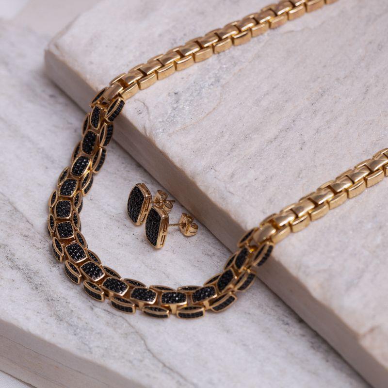 CONJUNTO GARGANTILHA E BRINCO COM ZIRCÔNIAS NEGRAS BANHO OURO 18K