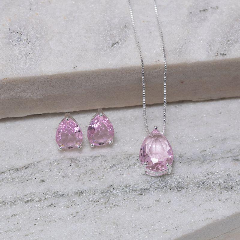 CONJUNTO GOTA COM PEDRA ROSA CLARO BANHO PRATA