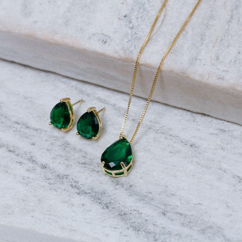 CONJUNTO GOTA COM PEDRA VERDE ESMERALDA BANHO OURO 18K