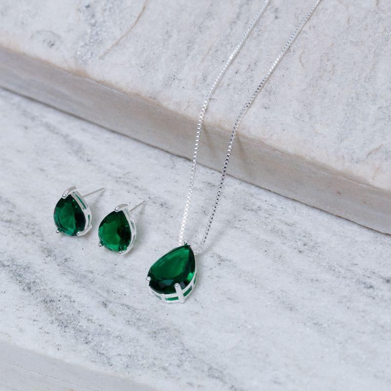 CONJUNTO GOTA COM PEDRA VERDE ESMERALDA BANHO PRATA