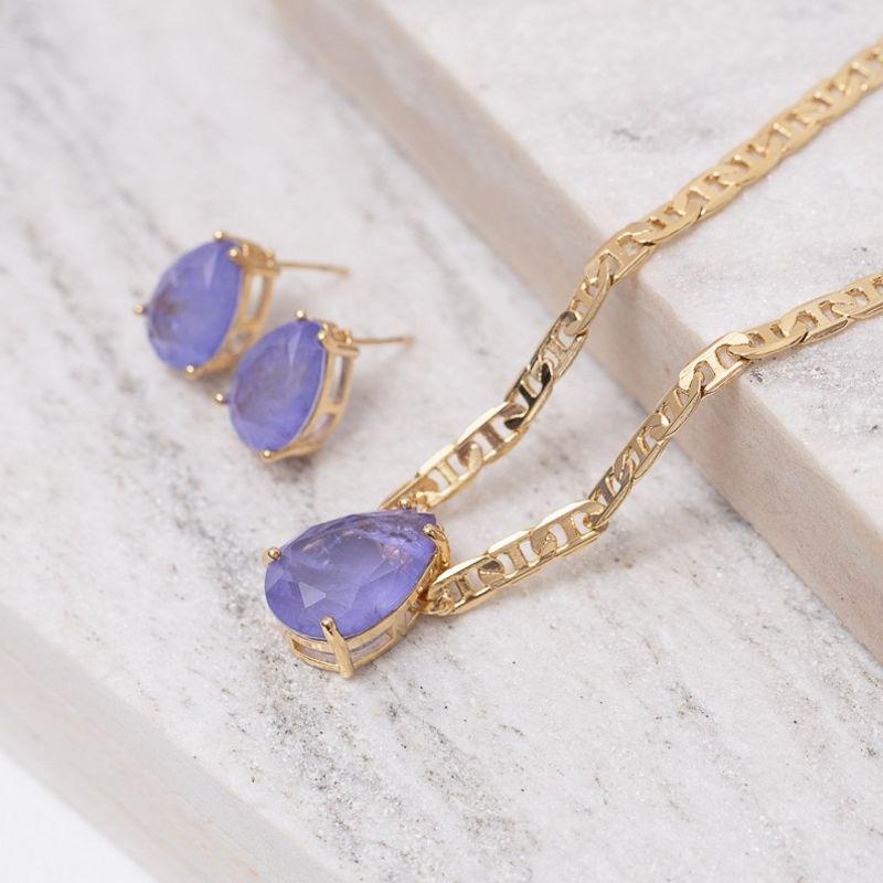 CONJUNTO GOTA CRISTAL ROXA CORRENTE PIASTRINE BANHO OURO 18K