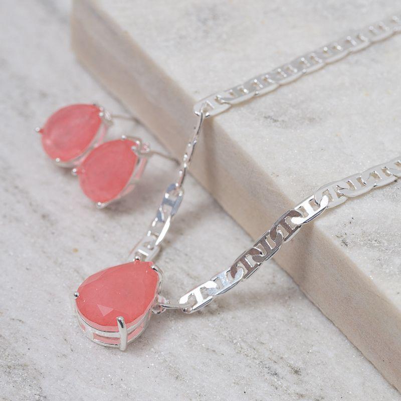 CONJUNTO GOTA PEDRA COR SALMÃO E CORRENTE PIASTRINE BANHO PRATA