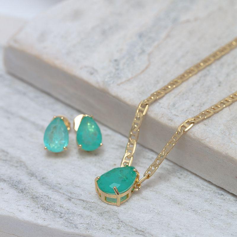 CONJUNTO GOTA PEDRA COR VERDE TIFFANY E CORRENTE PIASTRINE BANHO OURO 18K