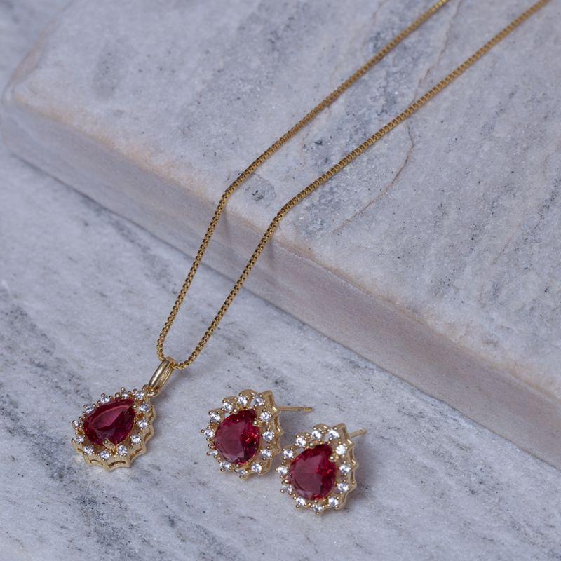CONJUNTO GOTA VERMELHO RUBI COM ZIRCÔNIAS CRISTAIS BANHO OURO 18K
