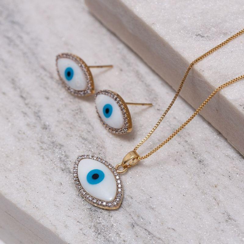 CONJUNTO OLHO GREGO ZIRCÔNIA BANHO OURO 18K