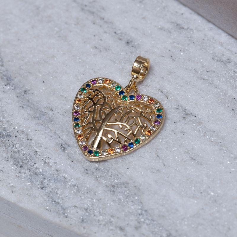 PINGENTE CORAÇÃO ÁRVORE DA VIDA CRAVEJADA BANHO OURO 18K