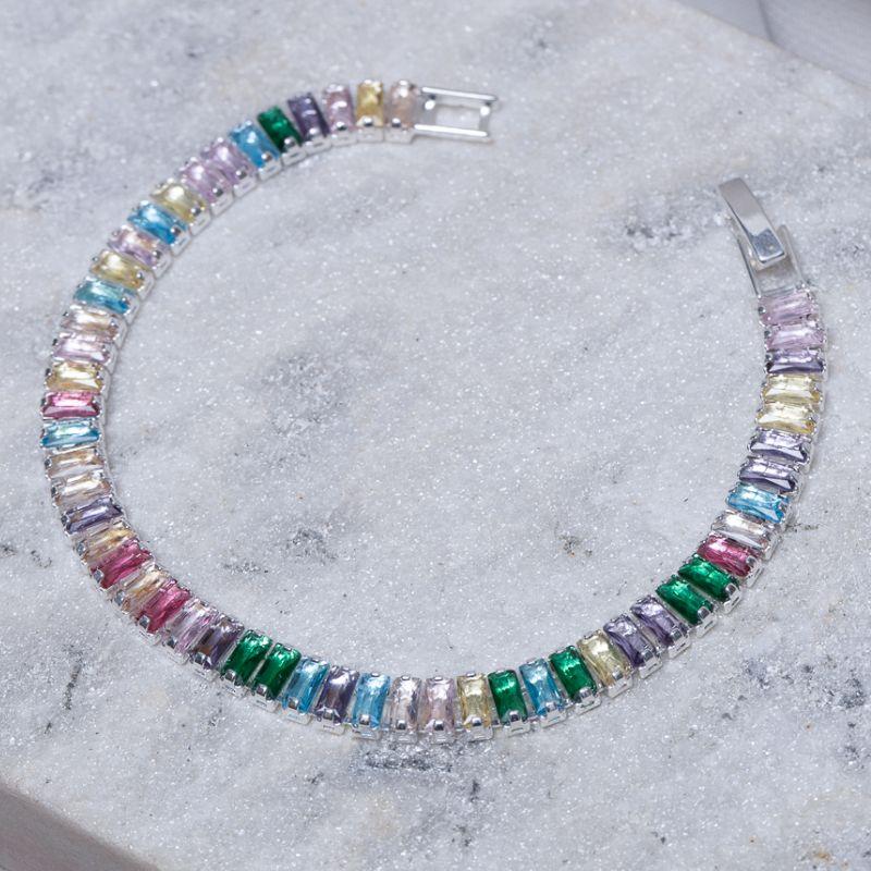 PULSEIRA RIVIERA COM ZIRCÔNIAS NAVETE COLORIDAS BANHO PRATA