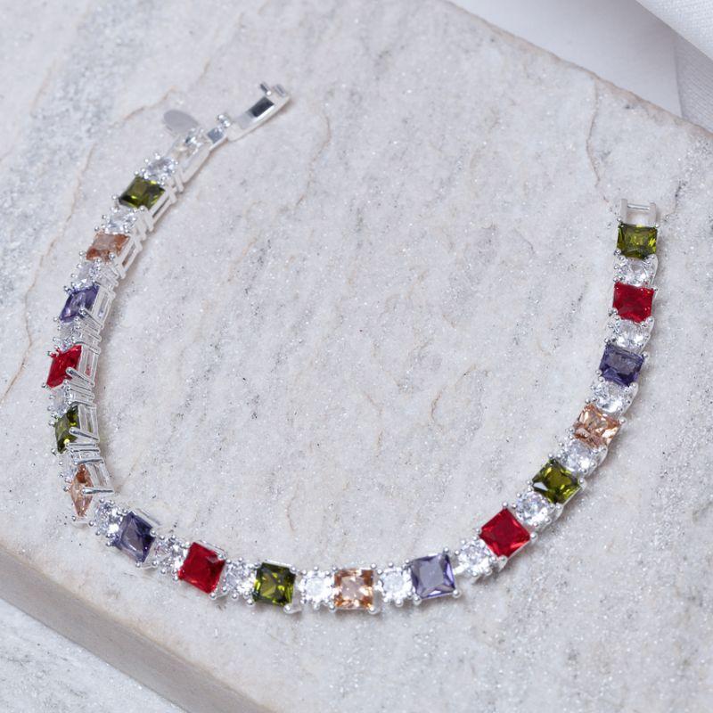 PULSEIRA RIVIERA COM ZIRCÔNIAS COLORIDAS QUADRADAS BANHO PRATA