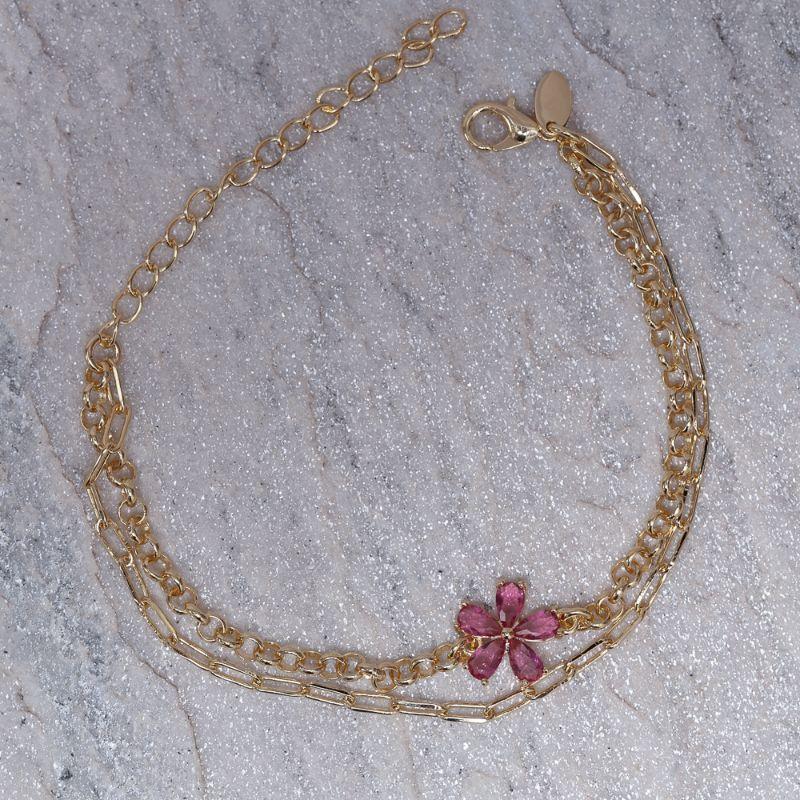 PULSEIRA DUPLA COM FLORZINHA PINK BANHO OURO 18K