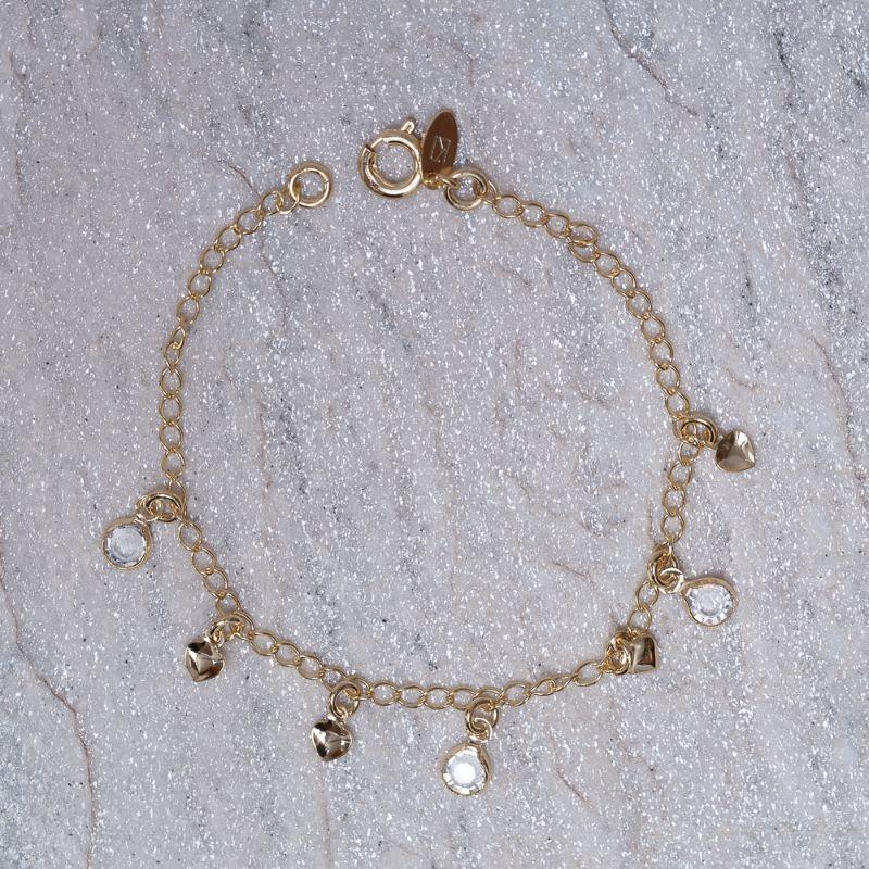 PULSEIRA INFANTIL CRISTAIS COM CORAÇÕES BANHO OURO 18K