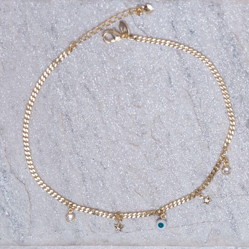 TORNOZELEIRA OLHO GREGO, CRISTAL E ESTRELINHA BANHO OURO 18K