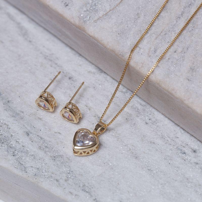 CONJUNTO CORAÇÃO CRISTAL BANHO OURO 18K