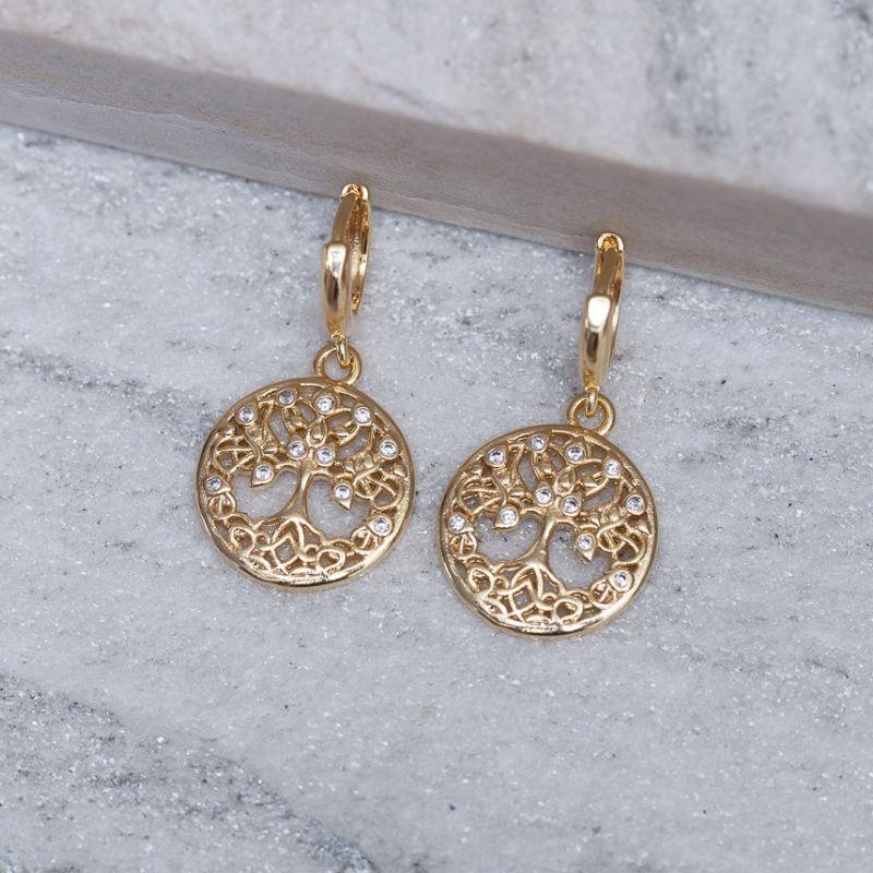 BRINCO ÁRVORE DA VIDA COM ZIRCÔNIAS BANHO OURO 18K