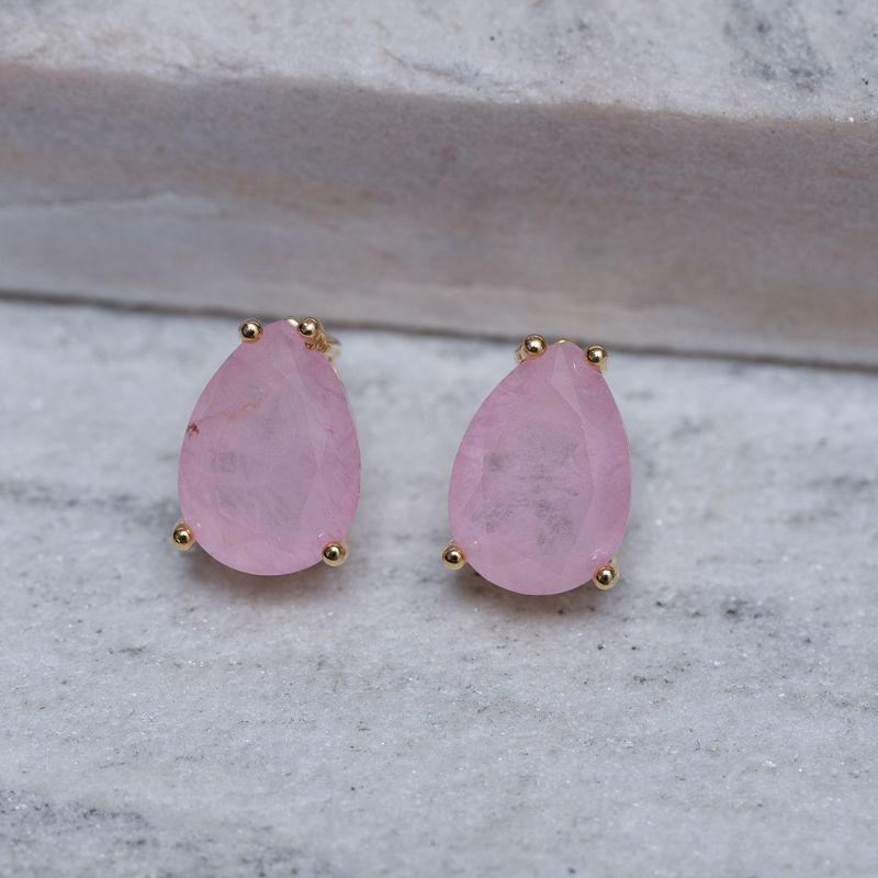 BRINCO GOTA COM PEDRA ROSA IOGURTE BANHO OURO 18K