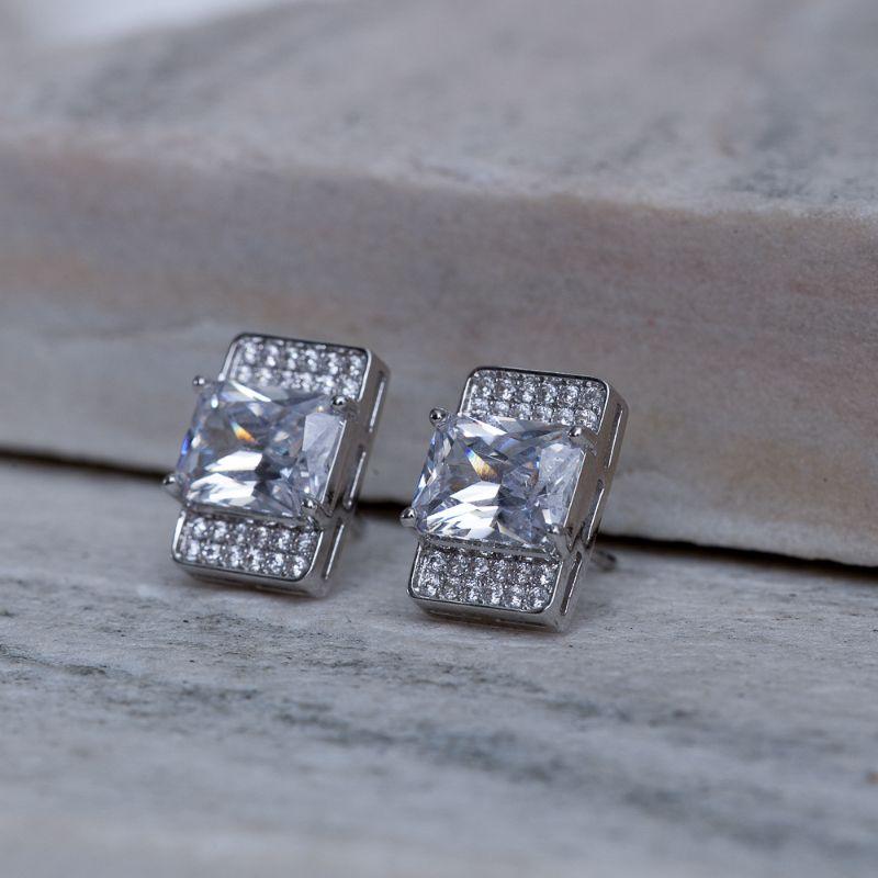 BRINCO RETÂNGULO COM PEDRA CRISTAL BANHO RÓDIO BRANCO