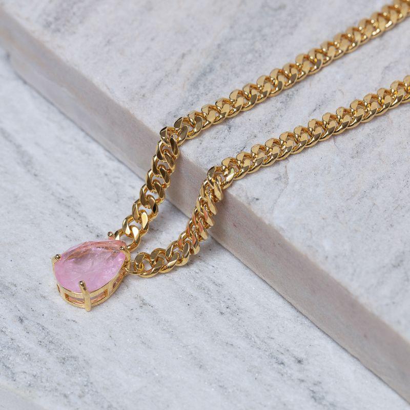 COLAR CORRENTE COM PEDRA ROSA IOGURTE BANHO OURO 18K