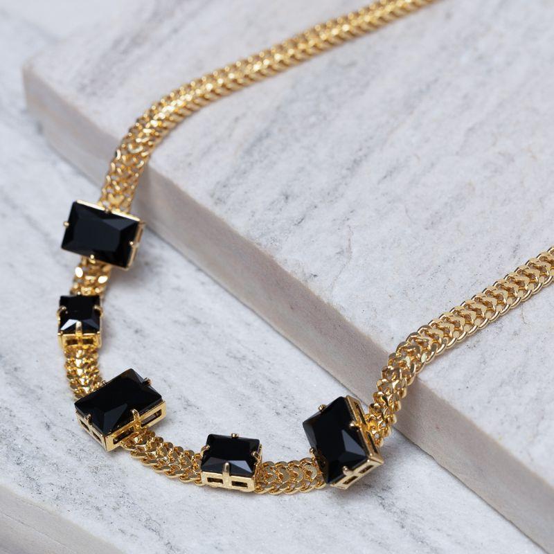 COLAR CORRENTE LACRAIA COM PEDRAS NEGRAS BANHO OURO 18K