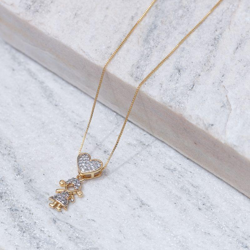 COLAR FILHA COM CORAÇÃO CRAVEJADO BANHO OURO 18K