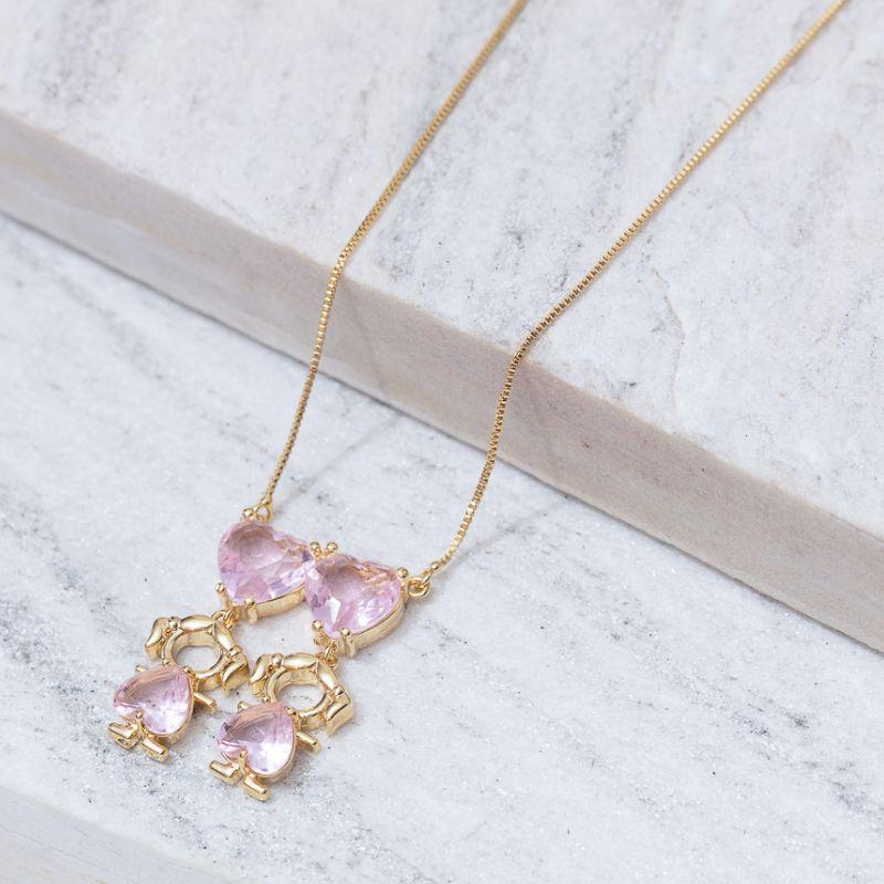 COLAR FILHAS MENINAS COM PEDRA ROSA CLARO BANHO OURO 18K