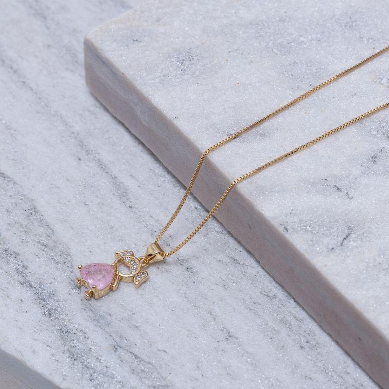 COLAR FILHO MENINA PEDRA ROSA BANHO OURO 18K