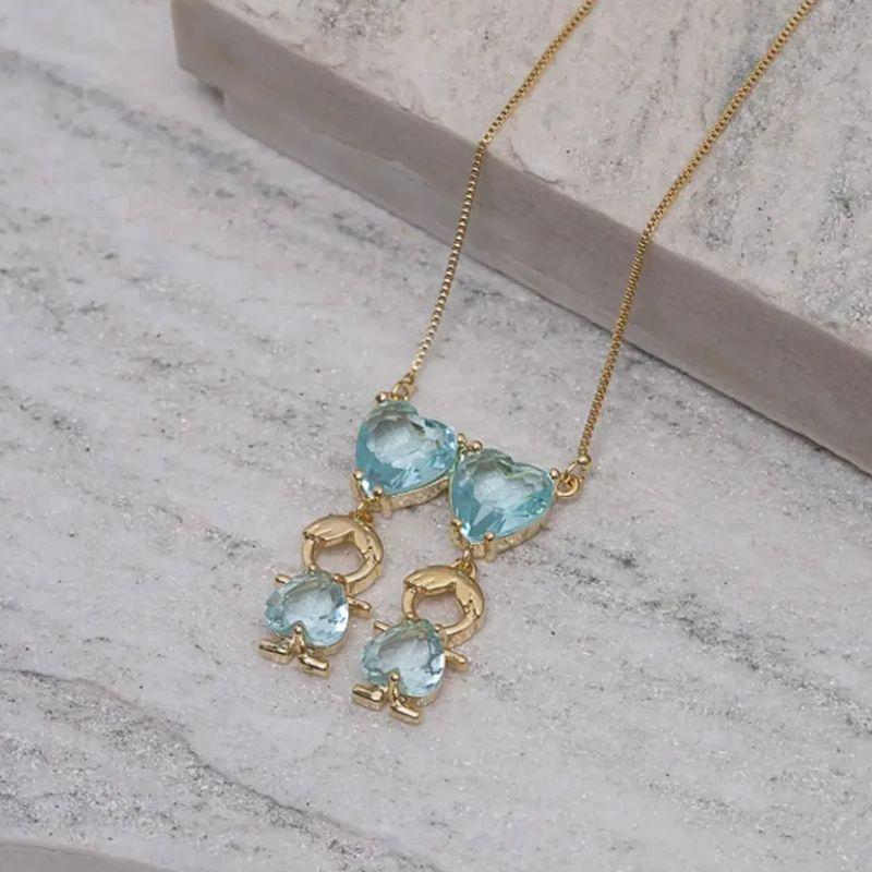 COLAR FILHOS MENINOS COM PEDRA AZUL CLAO BANHO OURO 18K
