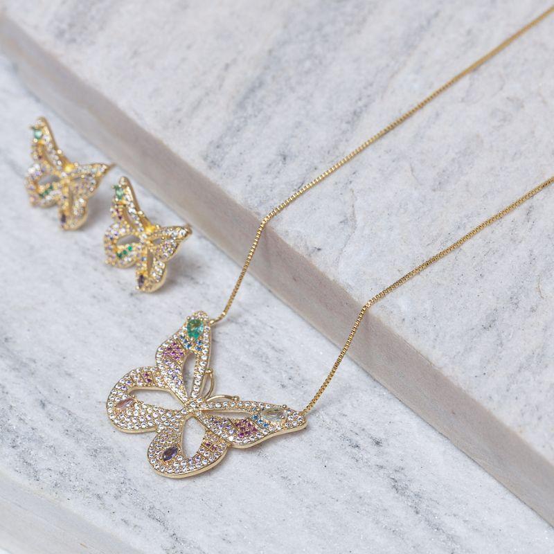 CONJUNTO BORBOLETA COM ZIRCÔNIAS COLORIDAS BANHO OURO 18K