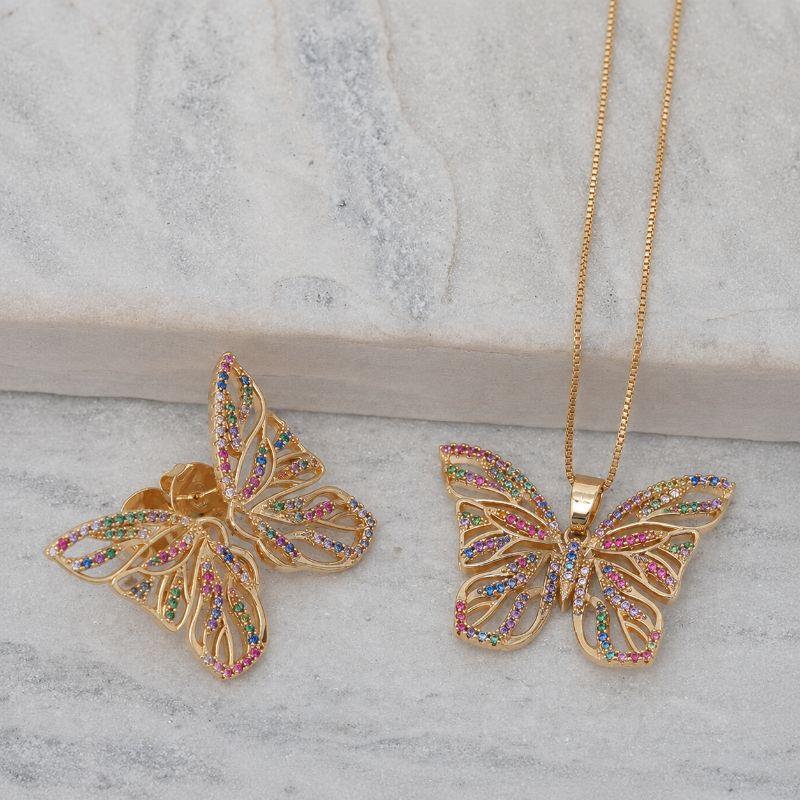 CONJUNTO BORBOLETA CRAVEJADA COM ZIRCÔNIAS COLORIDAS BANHO OURO 18K
