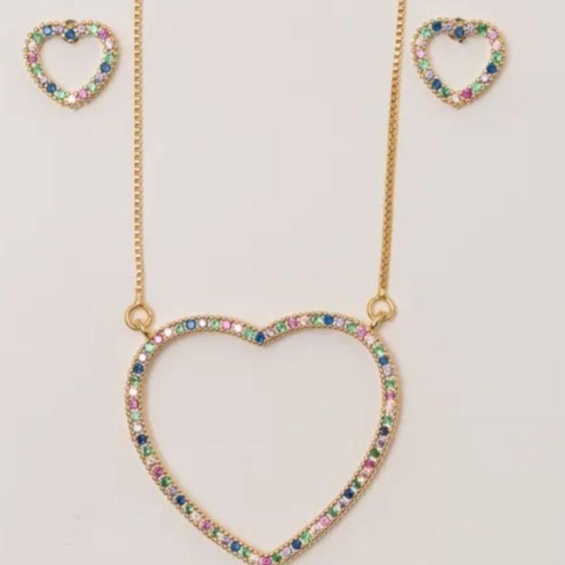 CONJUNTO CORAÇÃO COLORIDA BANHO OURO 18K