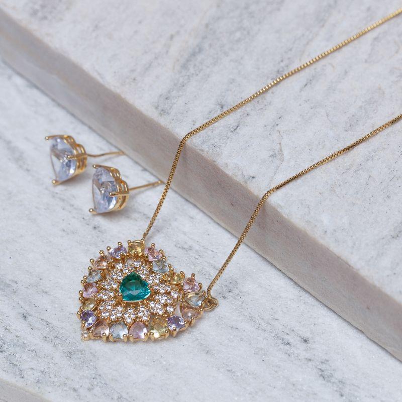 CONJUNTO CORAÇÃO COM ZIRCÔNIAS COLORIDAS BANHO OURO 18K