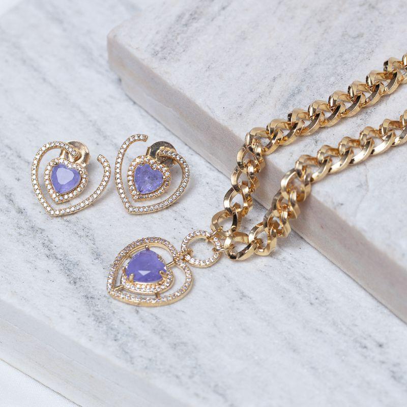 CONJUNTO CORAÇÃO ZIRCÔNIA ROXA BANHO OURO 18K
