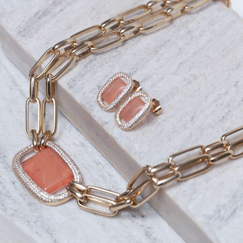 CONJUNTO ELOS COM PEDRA GOIABA GRANDE BANHO OURO 18K