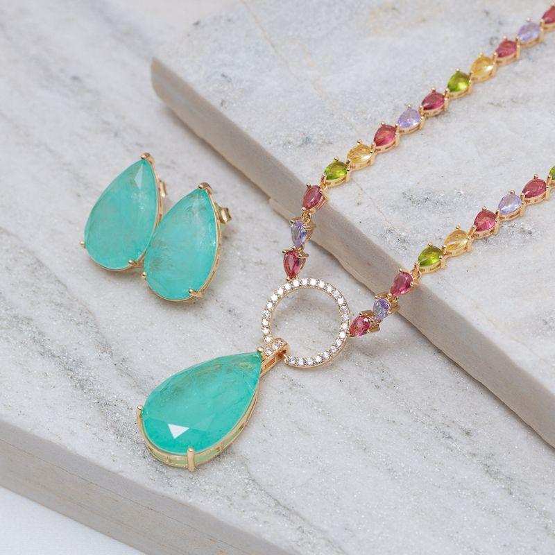CONJUNTO GOTA VERDE TIFFANY RIVIERA COM PEDRAS COLORIDAS BANHO RÓDIO BRANCO