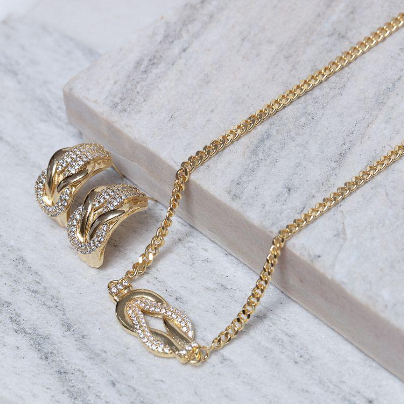 CONJUNTO NÓ LUXO FINO CRAVEJADO BANHO OURO 18K