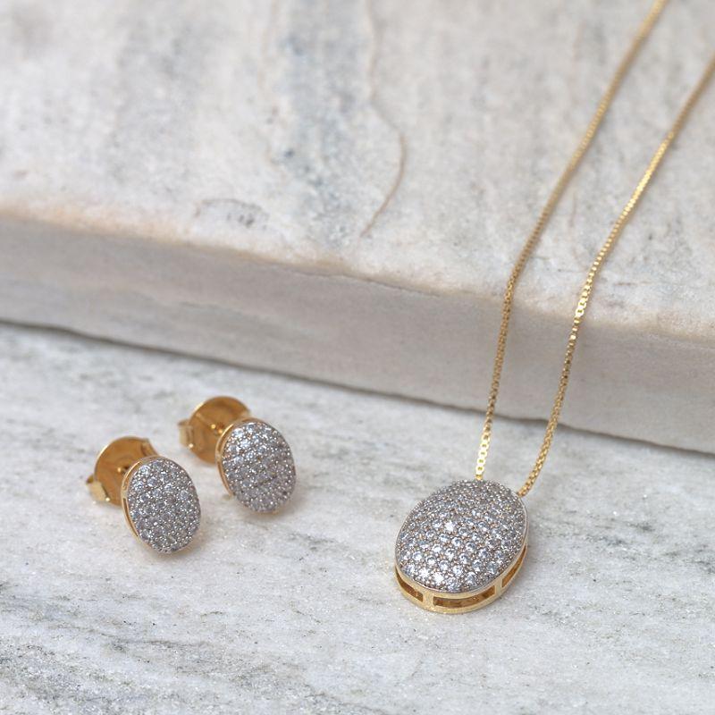 CONJUNTO BRINCO E COLAR OVAL COM CANETA RÓDIO BRANCO BANHO OURO 18K