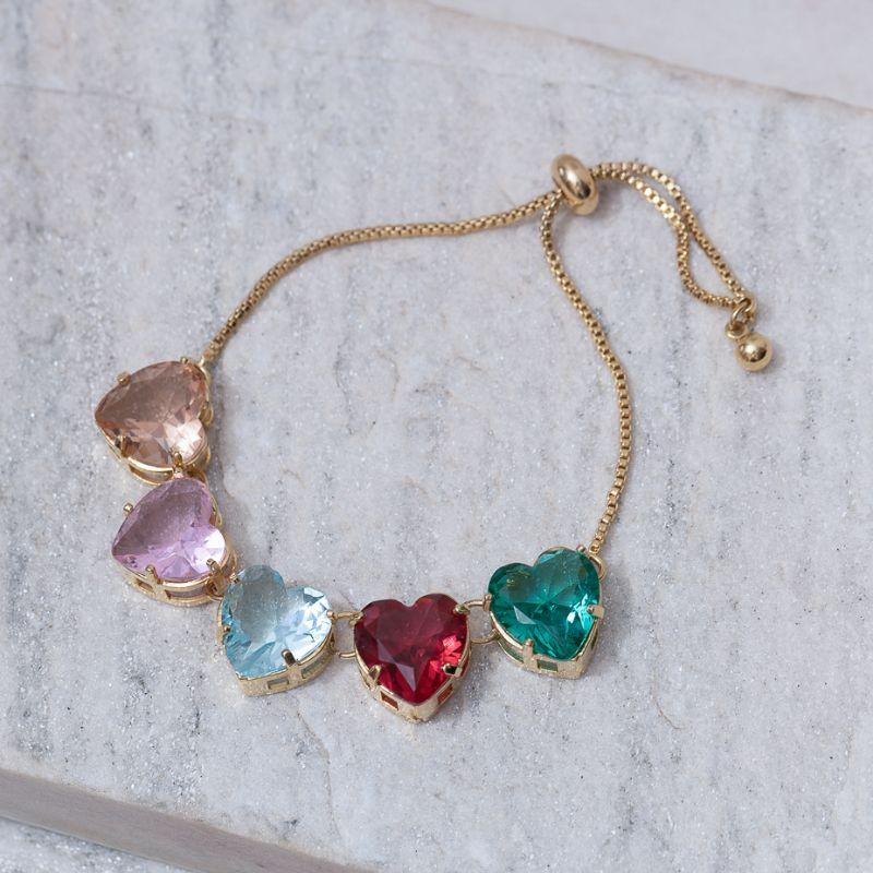 PULSEIRA GRAVATINHA CORAÇÃO COM PEDRAS COLORIDAS BANHO OURO 18K