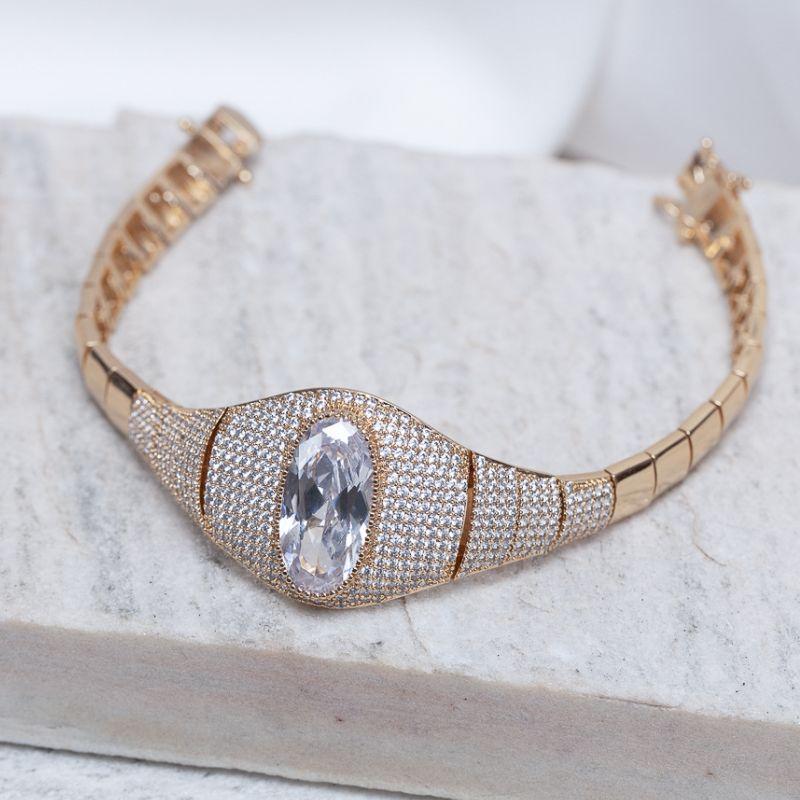 PULSEIRA JOIA CRAVEJADA E COM PEDRA CRISTAL BANHO OURO 18K