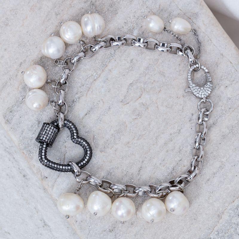 PULSEIRA PÉROLA E CORAÇÃO CRAVEJADO BANHO RÓDIO BRANCO