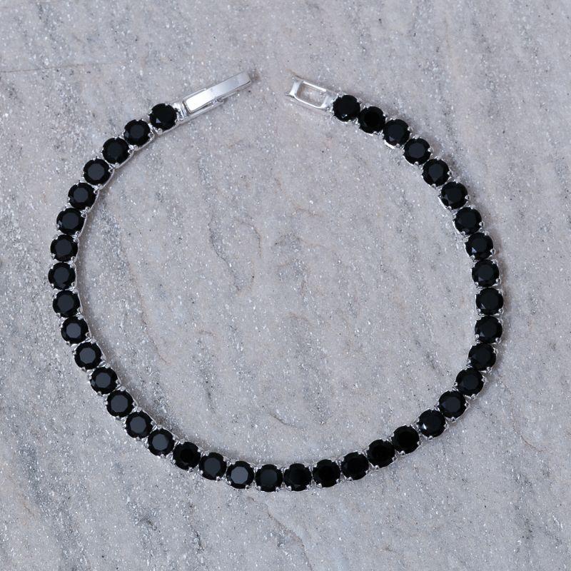 PULSEIRA RIVIERA COM PEDRAS NEGRAS BANHO PRATA