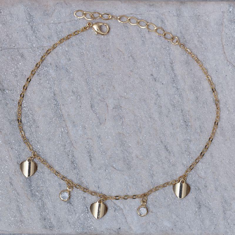 TORNOZELEIRA COM CORAÇÃO E BOLINHAS CRISTAL BANHO OURO 18K