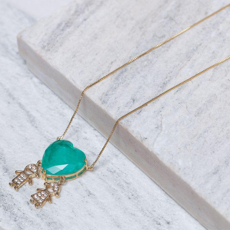 COLAR FILHOS CASAL CORAÇÃO VERDE TIFFANY BANHO OURO 18K