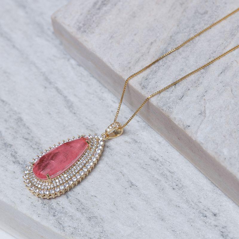 COLAR GOTA COM ZIRCÔNIAS E PEDRA SALMÃO G BANHO  OURO 18K