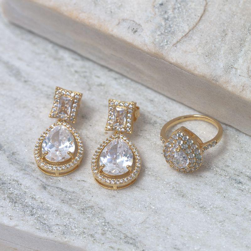 CONJUNTO BRINCO E ANEL COM ZIRCÔNIA E GOTA CRISTAL BANHO OURO 18K