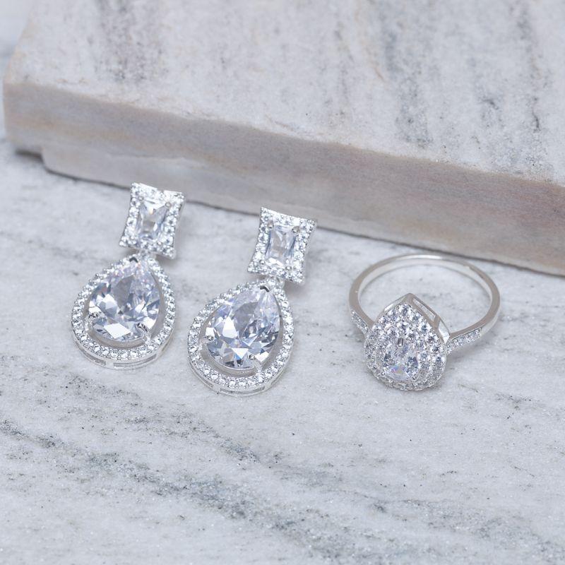 CONJUNTO BRINCO E ANEL COM ZIRCÔNIA E GOTA CRISTAL BANHO PRATA