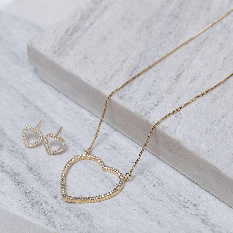 CONJUNTO CORAÇÃO CRAVEJADO CRISTAL BANHO OURO 18K